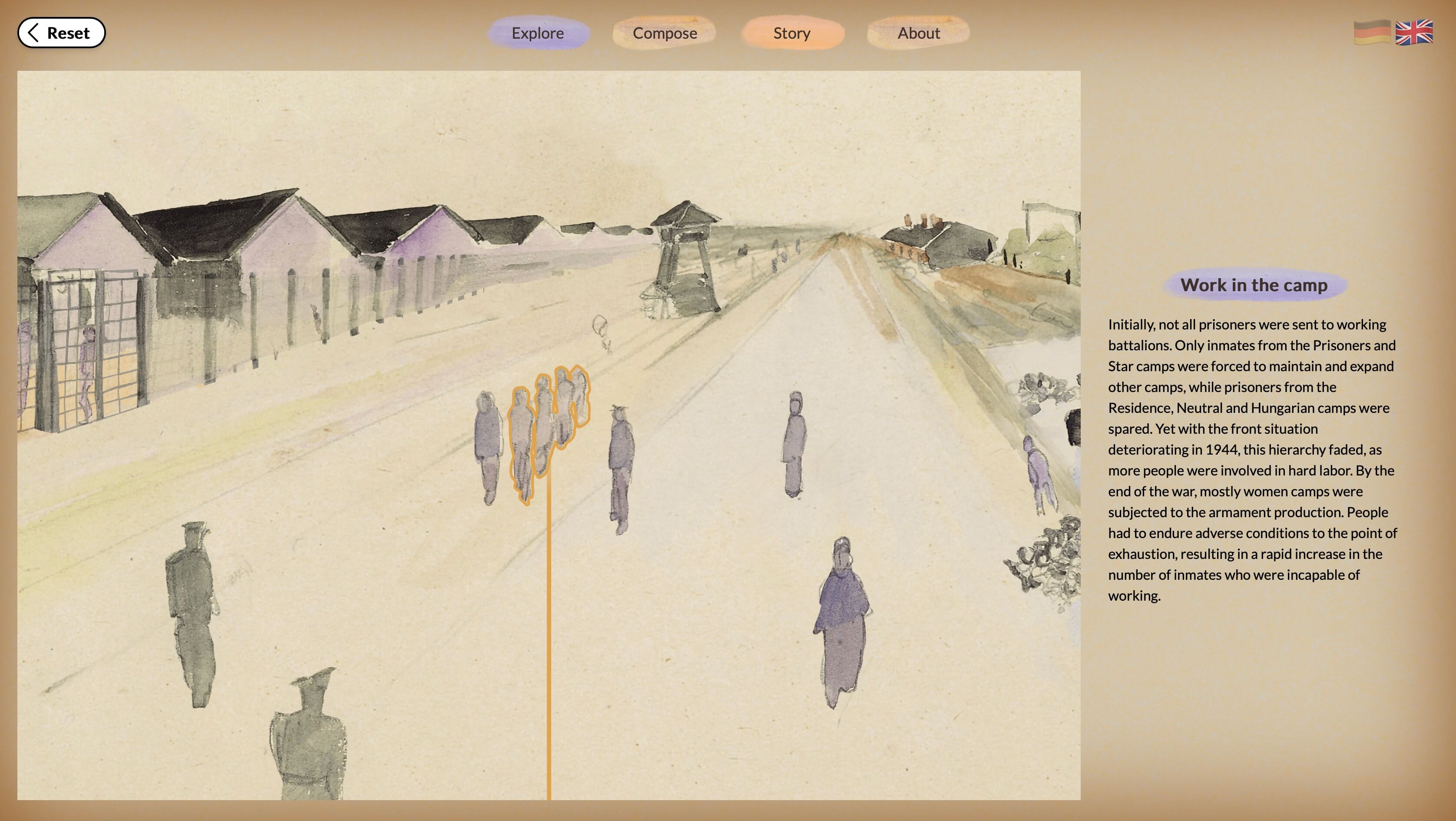 The interactive prisoner art explorer allows you to inspect details in a watercolor painting of a perspective view of the Bergen-Belsen Concentration Camp and offers a guided storytelling tour through the various details of the painting. This is currently exhibited at the memorial of Bergen-Belsen, Germany. 2024